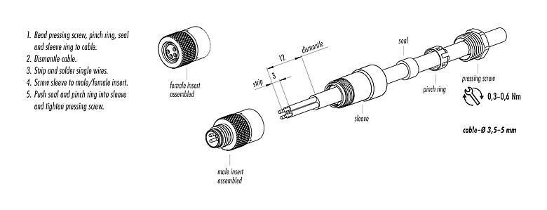 Instrukcja montażu 99 3379 00 03 - M8 Męskie złącze kablowe proste, Kontaktów: 3, 3,5-5,0 mm, nieekranowany, lutowanie, IP67, UL