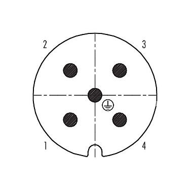 Disposition des contacts (Côté plug-in) 99 0709 03 05 - RD30 Connecteur mâle, Contacts: 4+PE, 14,0-18,0 mm, non blindé, pince à visser, IP65, ESTI+, VDE