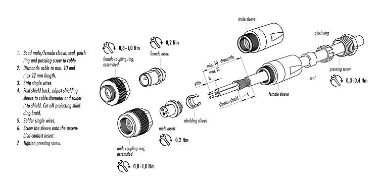 装配说明 99 0405 10 03 - M9 直头针头电缆连接器, 极数: 3, 3.5-5.0mm, 可接屏蔽, 焊接, IP67