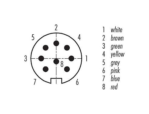 Disposition des contacts (Côté plug-in) 79 6171 20 08 - M16 Connecteur mâle, Contacts: 8 (08-a), blindé, surmoulé sur le câble, IP67, PUR, noir, 8 x 0,25 mm², 2 m