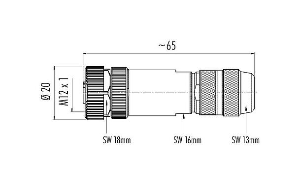 Rysunek z wymiarami 99 3728 810 04 - M12 Zeńskie złącze kablowe proste, Kontaktów: 4, 5,0-8,0 mm, do ekranowania, zacisk śrubowy, IP67, UL
