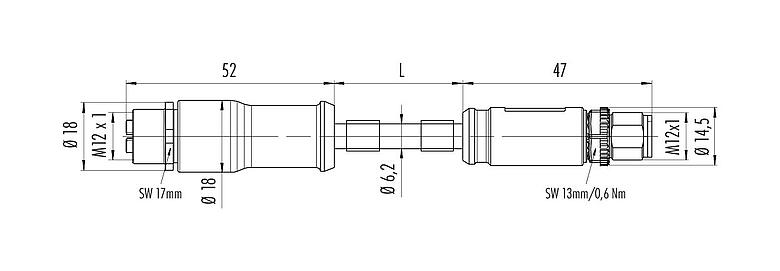 Desenho da escala 79 9724 050 08 - M12/M12 Cabo de conexão plugue de cabo - tomada de cabo, Contatos: 8, blindado, moldado no cabo, IP67, UL, PUR, verde, AWG 26/7, 5 m