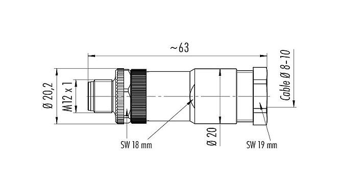 Desenho da escala 99 0685 19 03 - M12 Plugue de cabo, Contatos: 2+PE, 8,0-10,0 mm, desprotegido, pinça de parafuso, IP67, UL