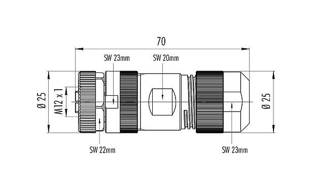 스케일 드로잉 99 0700 29 05 - M12 케이블 소켓, 콘택트 렌즈: 4+PE, 8.0-13.0mm, 차폐되지 않음, 나사 클램프, IP67, UL