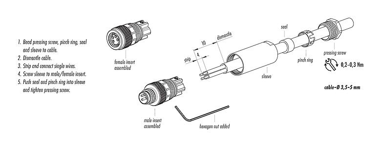 Instrução de montagem 99 3379 100 03 - M8 Plugue de cabo, Contatos: 3, 3,5-5,0 mm, desprotegido, pinça de parafuso, IP67, UL