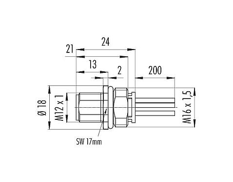 Schaaltekening 09 0641 700 05 - M12 Male panel mount connector, aantal polen: 4+FE, onafgeschermd, draden, IP68, UL, M16x1,5
