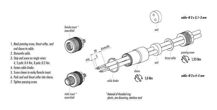 Instructions de montage 99 0437 142 05 - M12 Duo-connecteur mâle, Contacts: 5, 2 x câble Ø 2,1-3,0 mm ou Ø 4,0-5,0 mm, non blindé, pince à visser, IP67, UL