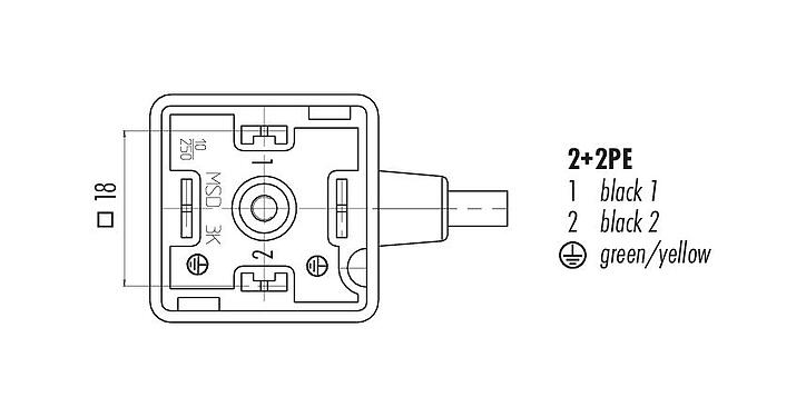 Disposition des contacts (Côté plug-in) 31 5236 300 510 - Douille d'électrovanne, Contacts: 2+2PE, non blindé, surmoulé sur le câble, IP67, PUR, noir, Circuit Z10, avec LED, PNP, 3 m