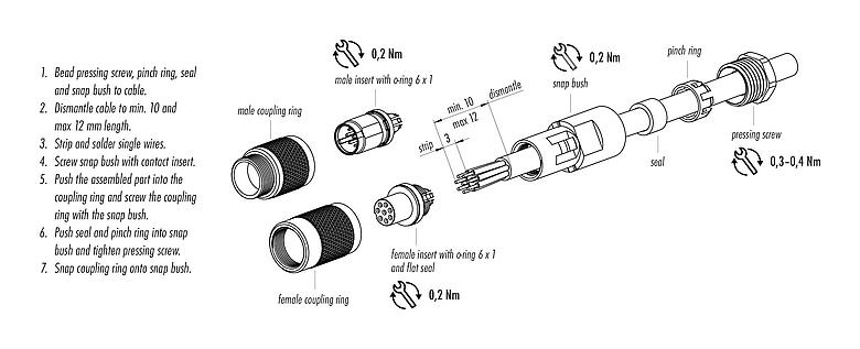 Instrução de montagem 99 0401 00 02 - M9 Plugue de cabo, Contatos: 2, 3,5-5,0 mm, desprotegido, solda, IP67